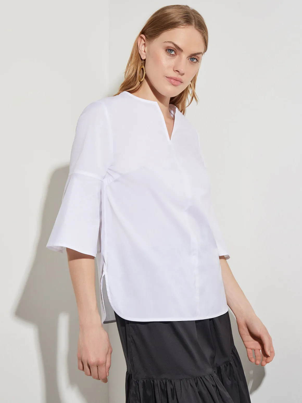 Bell Sleeve Cotton Blend Blouse