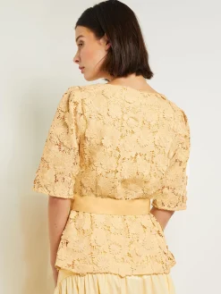 Belted Button Front Blouse - Floral Applique Woven