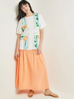 Dolman Sleeve Boat Neck Tunic - Cotton Floral Panel Soft Knit