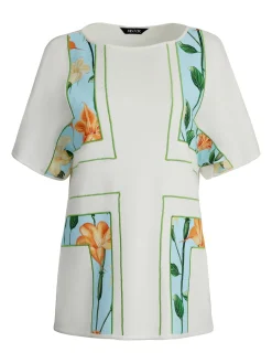 Dolman Sleeve Boat Neck Tunic - Cotton Floral Panel Soft Knit
