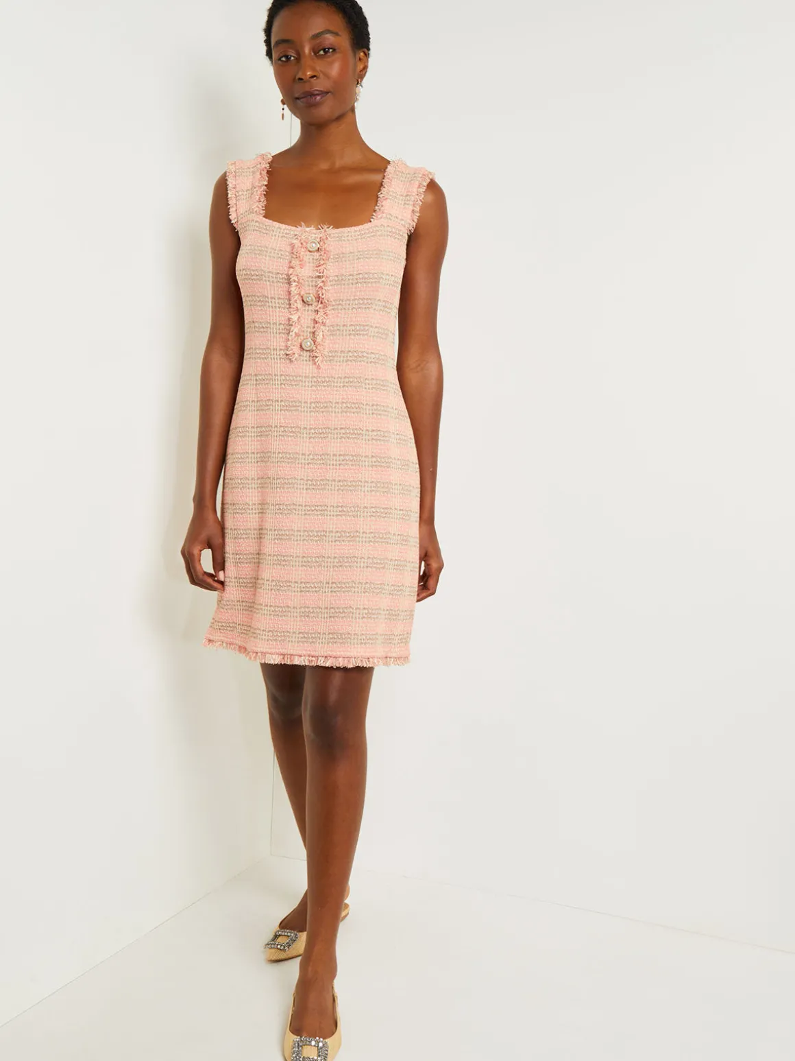 Mini A-Line Dress - Fringe Trim Tweed Knit