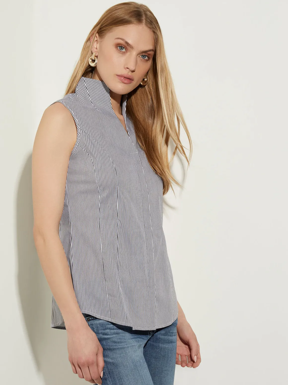 Pinstripe Sleeveless Stretch Cotton Blouse, Black/White