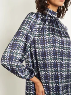 Pleated Mock Neck Crepe de Chine Printed A-Line Dress