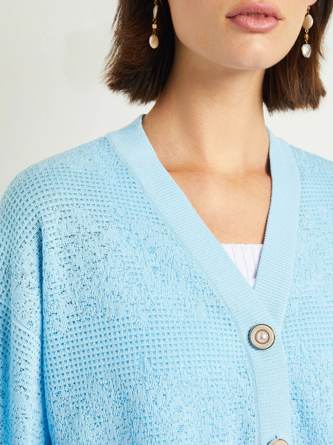 Relaxed Fit Button Front Jacket - Balloon Sleeve Soft Burnout Knit