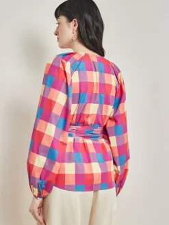 Tie Waist Blouse - Plaid Cotton Blend