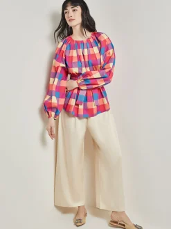 Tie Waist Blouse - Plaid Cotton Blend