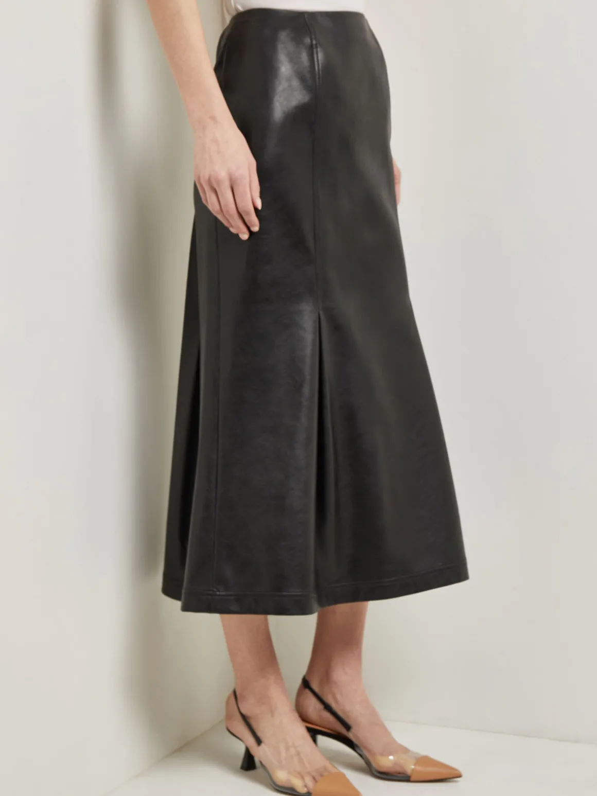 Vegan Leather Front Pleat Trumpet Skirt